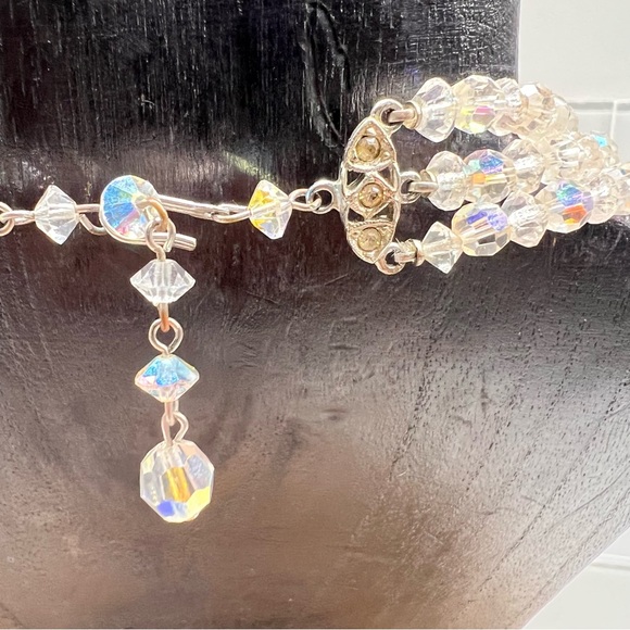 Vintage 1950’s Aurora Borealis Beaded Necklace Crystal Glass Faceted Tri-Strand - Picture 8 of 10